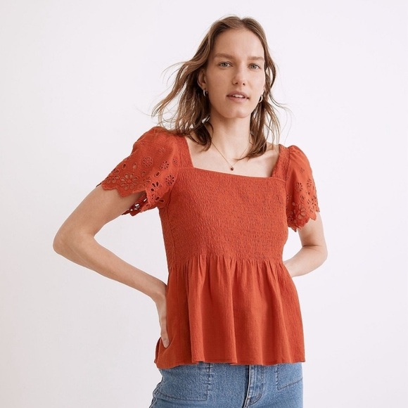 NWT Madewell Lucie Eyelet Smocked Top Red Orange Size S - Picture 3 of 12